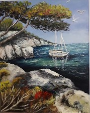 tableau huile sur toile coton   "La côte Bleue "  au couteau