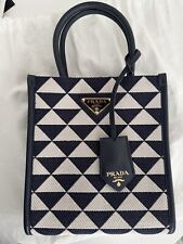 Authentic Prada Mini Tote Bag Blue white Embroided with Saffiano leather Trim