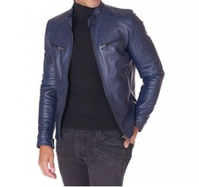Veste en cuir bleu marine pour