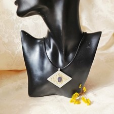 Collier Kazakh Ethnique Argent 925 Vermeil Sodalite 55x45 Mm Lien Cuir argent