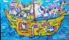 Grande Peinture Arche Noé Chat, chien, hiboux, rhinocéros 68x39,5 cm/Feuille