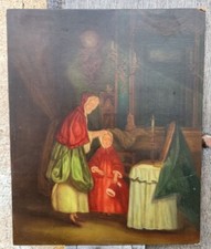 Ancienne peinture huile sur isorel scène d'intérieur
