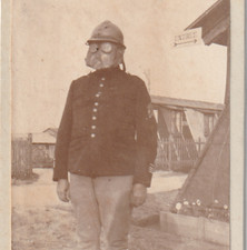 PHOTO CDV POMPIER APPAREIL RESPIRATOIRE SOLDAT MASQUE à GAZ 1914  ? 10 x 6,5 cm