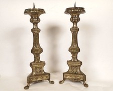 Paire pique-cierges bougeoirs église laiton argenté raisins épis blé XIXème