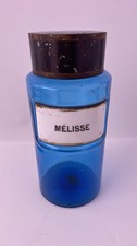 Ancien Pot à pharmacie verre bleu étiquette porcelaine RARE Mélisse Vintage