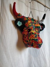 Tête de vache papier mâché patchwork laine tricot crochet granny artisanat Rita