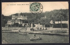 CPA Tamaris, Château Michel Pacha avec bateau à voile et palmiers en bord de me 