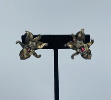 Mazer Rare Antique Argent Sterling Boucles D'Oreilles Fleur Orchidée Rhinestone