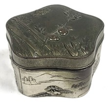 Vintage Antique Chinois Argent Bibelot Pilule Boite Oiseaux Floral Patine BA884