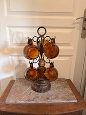 Ancien Porte Tasse Vintage Verre Soufflé Fumé Bois Sculpté Fer Forgé