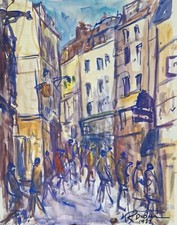 Roland Dubuc - Rue animée à Rouen aquarelle