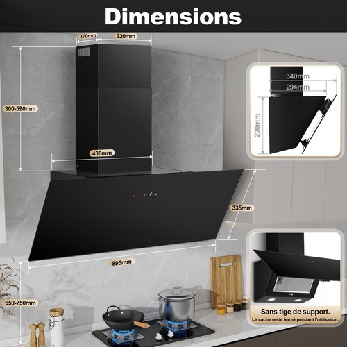 Hotte inclinée 90cm noir mat - inclinée,