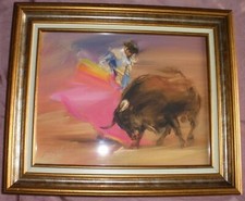 Jean VILAR : Tableau peinture gouache " Corrida : Torero & Taureau "