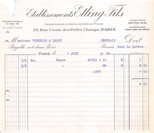Facture 1928 ets - etling, fils