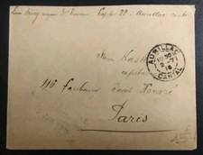 Enveloppe corps d'armée d'Aurillac pour un capitaine Kastle à Paris 1916