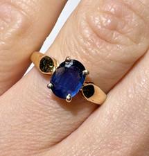 Bague Solitaire En Or Jaune 14k Avec Saphir Ovale Bleu Taille 7,5