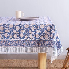 Floral Bloc Coton Imprimé Nappe Rectangle 60x90 Bleu Blanc Avec 6 Serviette