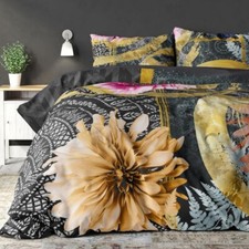 Parure Lit Housse de Couette 140x220+1 Taie Oreiller Coton Mélangé Noir Or Rose