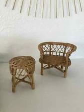 8 ⚜️ Ensemble Mobilier Pour Poupée Canapé Avec Table En Osier Et Rotin Vintage