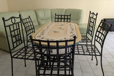 Table de salle à manger mosaïque et fer forgé avec 6 chaises en fer forgé