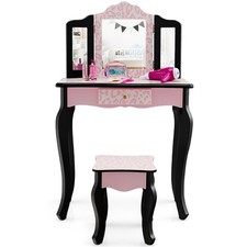 2 en 1 Coiffeuse Enfants avec Tabouret et Miroir Amovible à 3 Volets Table de M