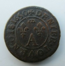  ANCIENNE RARE PIECE MONNAIE 1650 GASTON D' ORLEANS DENIER TOURNOIS