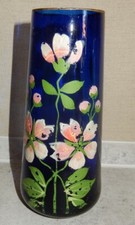 ANCIEN VERRE SOUFFLÉ BLEU PEINTURE A LA MAIN ÉMAILLÉ DÉCOR FLORALE