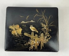 Boite ancienne en bois noir laqué Dessin d'oiseau Poème Chine Japon XXÈME