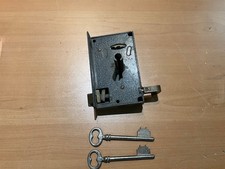 Ancienne Serrure de porte à tirette Laperche en acier et laiton avec 2 clefs.