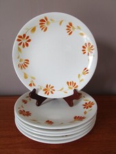 6 Assiettes plates 24 cm  Longchamp décor floral jaune orangé vintage France