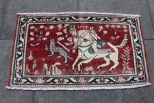 Vintage Main Fabriqué Traditionnel Oriental Laine Rouge Petit Chasse Tapis