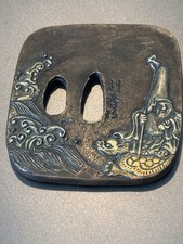 Tsuba Edo signée dorure – sage sur tortue, vagues – cuivre/shakudō – Japon