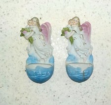 2 Bénitiers Anges en Porcelaine Biscuit Polychrome XIXe - G5