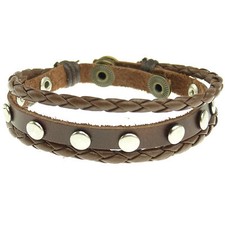 BRACELET CUIR marron clou métal réglable artisanal homme femme gothique tresse