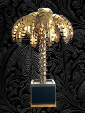 LAMPE PALMIER EN METAL DORÉ AVEC SOCLE EN PLAQUE DE VERRE STYLE ANNÉE 70