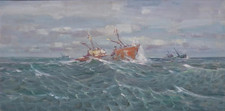 CHALUTIERS TEMPÊTE marine LE TOULLEC grand tableau peinture mer bateau BRETAGNE
