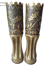 Paire Douilles 14/18 Obus Sculptés 75mm Artisanat des Tranchées Vase en Cuivre 