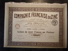 Action Au Porteur Compagnie Française Du Zinc 1919