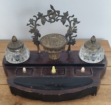 Double encrier Napoléon III bois monture bronze porte plume verre monorammé B.Y