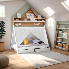 Lit Enfant Tipi 90x200 cm Maison Blanc Gris Sommier à Lattes Tiroir Homestyle4u