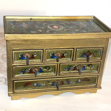 Grand Coffret, boite à Bijoux ancienne Commode En Bois, Verre, peinture