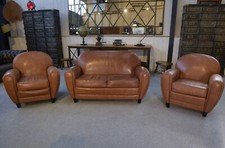 Ensemble canapé 2 places et 2 fauteuils club en simili cuir Camel 1980's