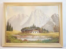 De Haute Qualité Peinte Vieux Huile Tableau Signé Berge Lac Montagne Alm Cabane