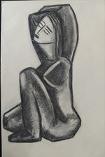 Joli Dessin Fusain  Art Moderne Femme nue  d'après sculpture 