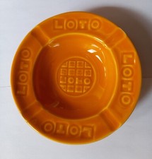 Beau Cendrier publicitaire vintage rond Loto couleur jaune faïence Gien France