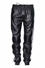 Homme Jogging Pantalon Noir Blanc Rayures Cuir Sweat Survêtement Cuir Pantalon