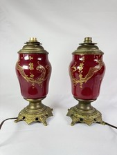 Lot De 2 Anciens Pieds De lampes En faïence Rouge Et bronze doré Napoléon III