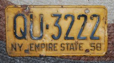 Vintage 1958 New York License Plate Tag Empire State QU-3222 Man cave garage 