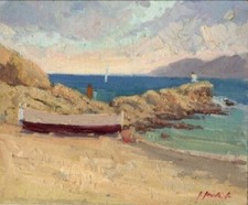 Tableau Huile Paysage Marin Bateaux Plage Impressionniste XXème