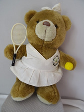 OURS JOUEUSE DE TENNIS  MASCOTTE VINTAGE 32 CM  QUADRA PELUCHE  BEIGE ROBE ECRUE